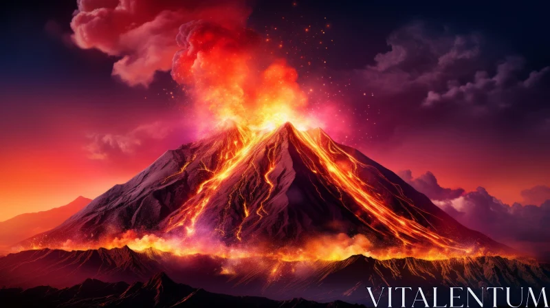 Fantasy Realism Artwork: Volcano Eruption Amidst Mountain Landscape AI Image