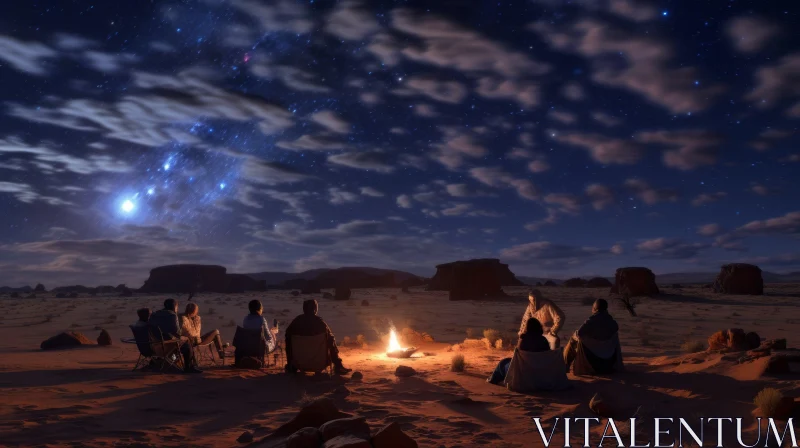 Gathering Around the Campfire: Serene Desert Night Art AI Image