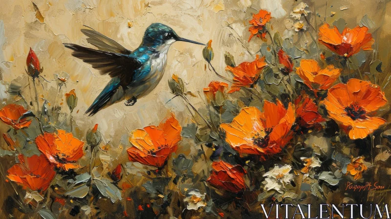 Hummingbird in Field of Red and Orange Flowers - A Mesmerizing Painting AI Image