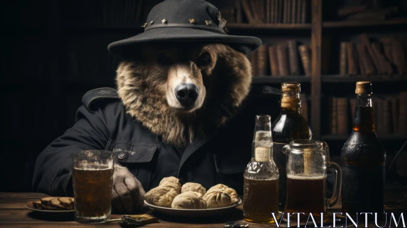 Intricately Dressed Bear in Pub Setting - Animal Portraiture AI Image