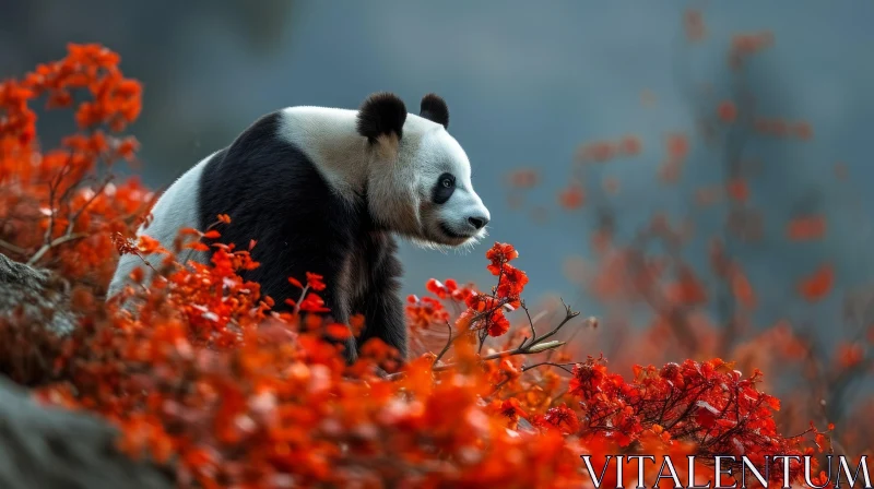 Panda Sitting on Rock in Field of Red Flowers AI Image
