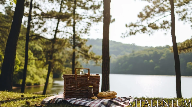 Serene Forest Picnic: Wicker Basket, Red Checkered Blanket, Nature AI Image