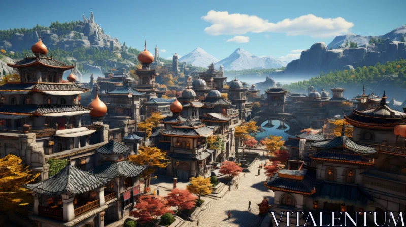 Stunning Asian City Screenshot with Mountainous Vistas AI Image