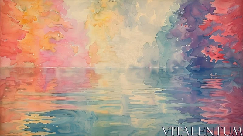 Tranquil Sunset Over Lake Silk Painting AI Image