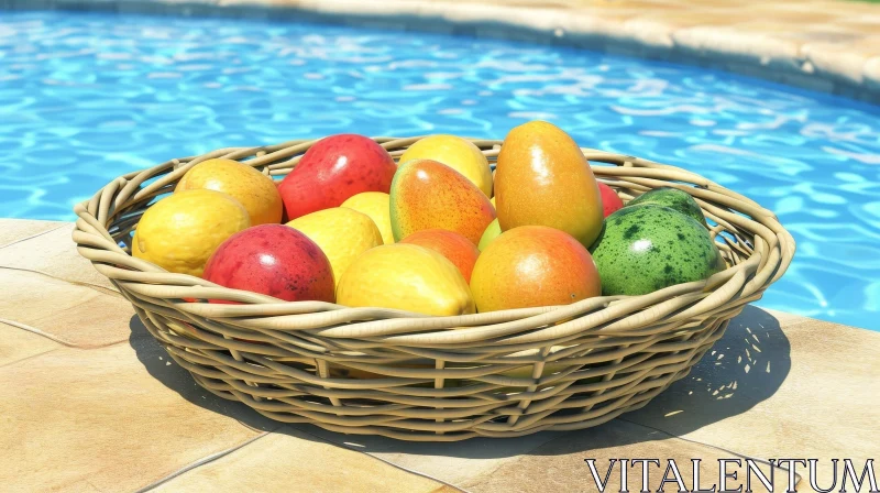 Vibrant Tropical Fruits in a Wicker Basket by a Poolside AI Image