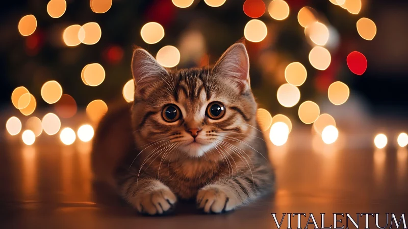 Cute Tabby Kitten and Holiday Lights AI Image