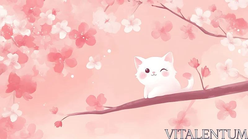 Playful Kitten on Cherry Blossom Branch Art AI Image