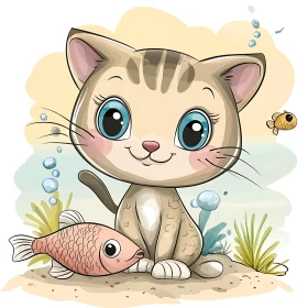 Cute Cat and Fish Cartoon Artwork