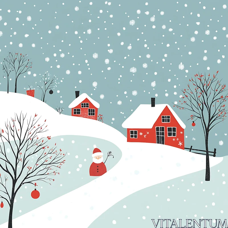 AI ART Winter Wonderland with Santa and Red Houses