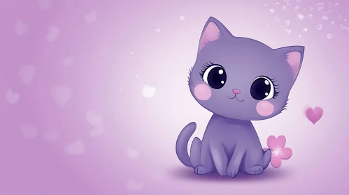 Cute Purple Kitten with Hearts and Flowers