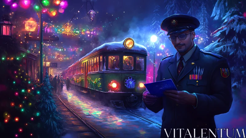 Holiday Decorated Train Station with Conductor AI Image