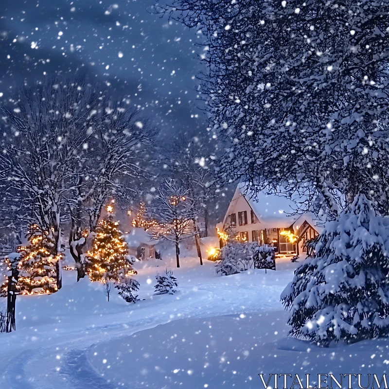 Snow-Covered Christmas Cabin at Night AI Image