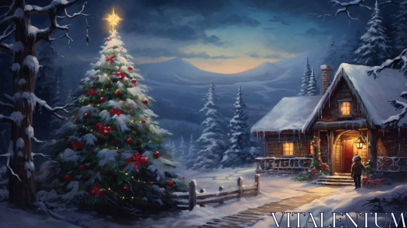 Cozy Cabin in Winter Wonderland with Decorated Christmas Tree AI Image