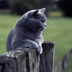 Attentive Grey Cat on Fence