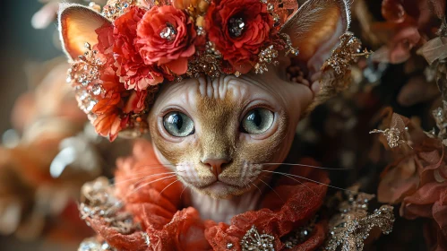 Whimsical Cat Adorned in Flowers