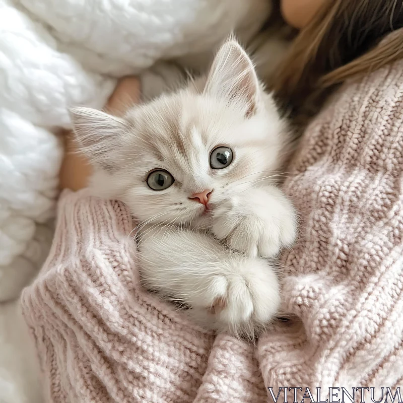 Comfortable Kitten Snuggling in Soft Blanket AI Image