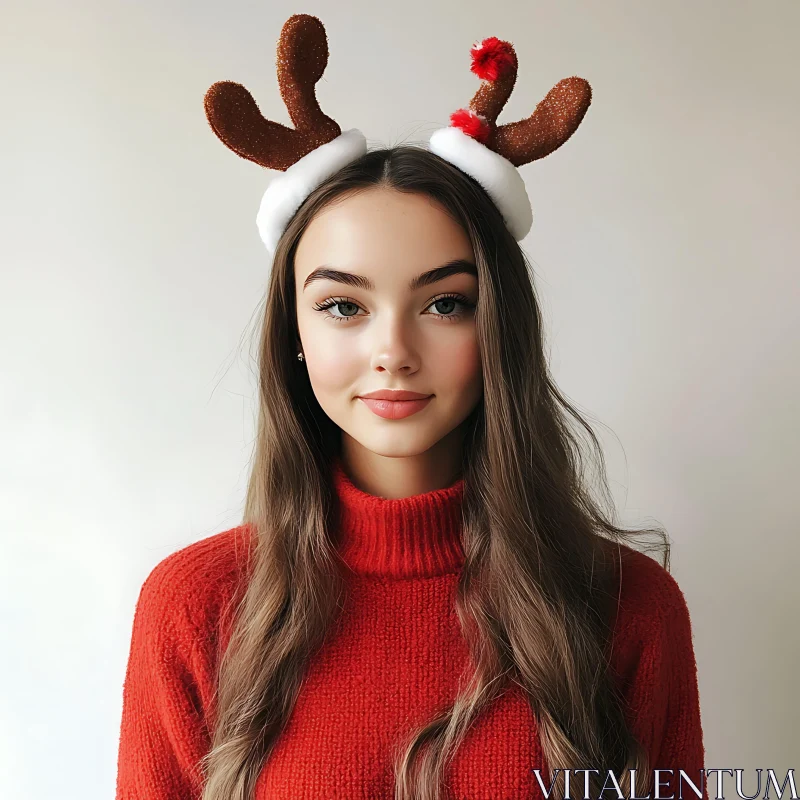 Holiday Portrait of a Smiling Woman in a Red Sweater AI Image