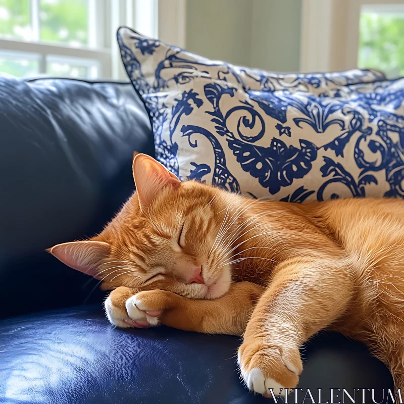 Sleeping Ginger Cat on Leather Couch AI Image