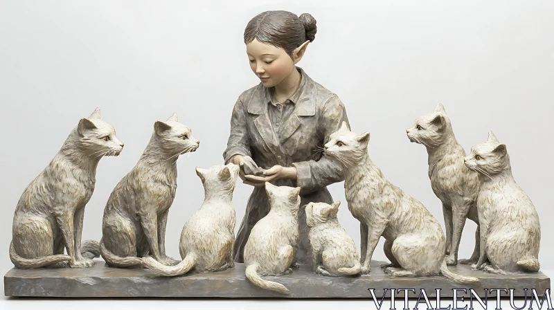 AI ART Woman Feeding Cats Sculpture