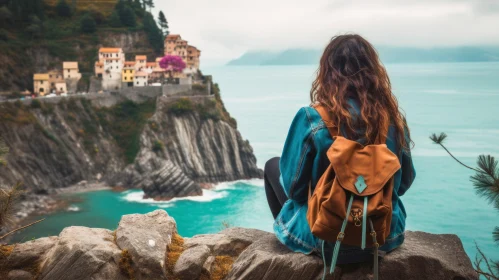 Captivating View of a Young Girl with a Backpack Overlooking Cinque Terre