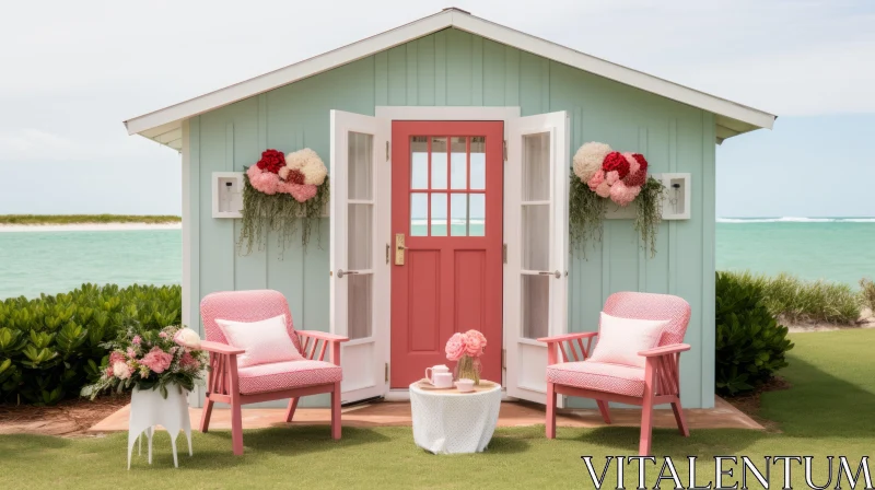 Charming Turquoise Hut with Pink Chairs and Floral Accents AI Image