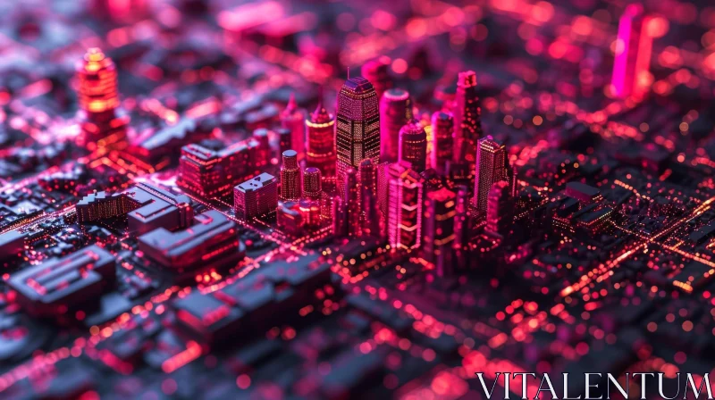 Cityscape Night Lights: 3D Urban Scene with Illuminated Buildings AI Image