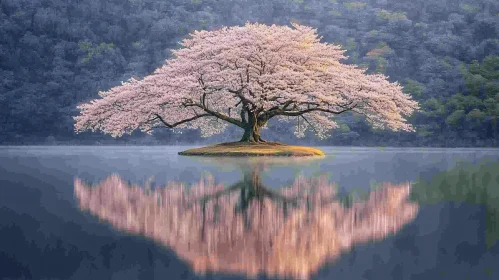 Cherry Blossom in Full Bloom Over Lake