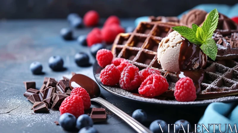 Decadent Waffles with Chocolate Sauce and Raspberries AI Image