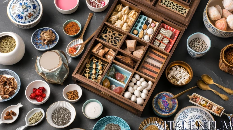 Delicious and Artistic Food Arrangement in a Wooden Box AI Image
