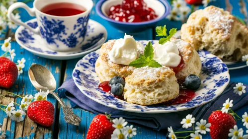 Delicious Scones with Clotted Cream and Strawberry Jam