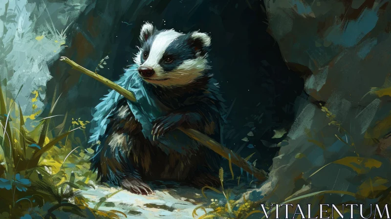 Digital Painting of a Determined Badger Sitting on a Rock AI Image