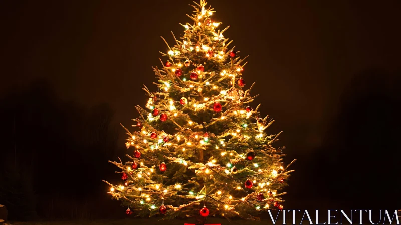 Illuminated Christmas Tree with Red Ornaments AI Image