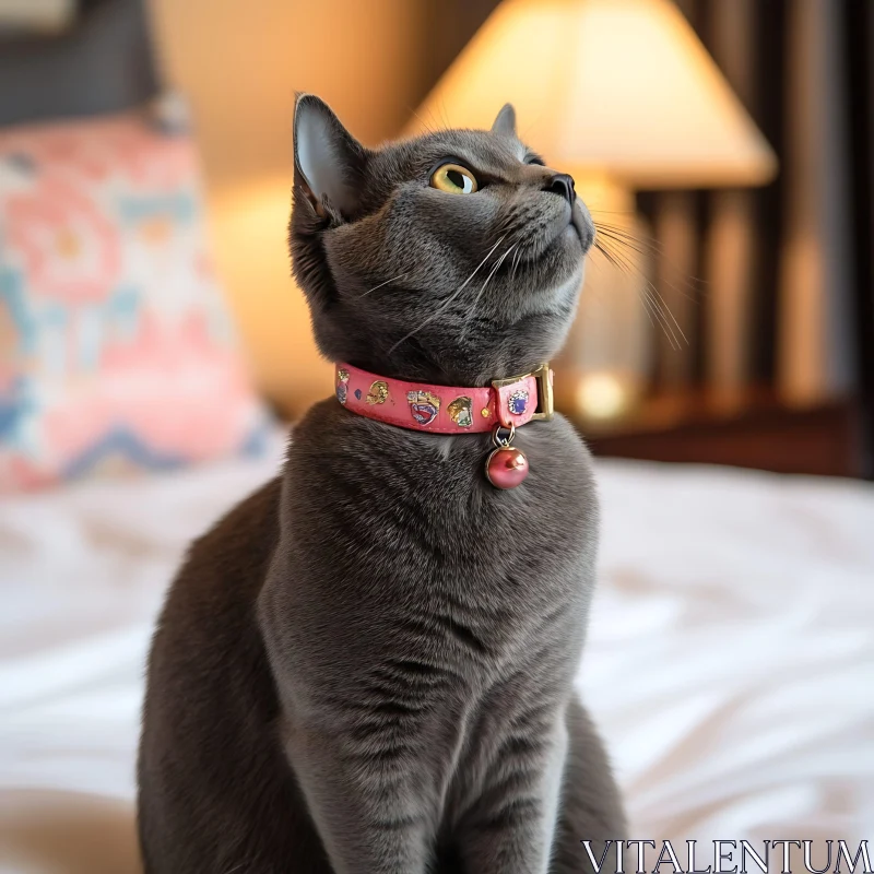 Gray Cat Wearing Decorative Pink Collar AI Image