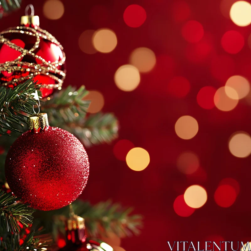 Christmas Tree Branches with Red Ornaments and Bokeh Lights AI Image