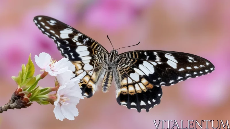 Elegant Black and White Butterfly on Cherry Blossom Tree AI Image