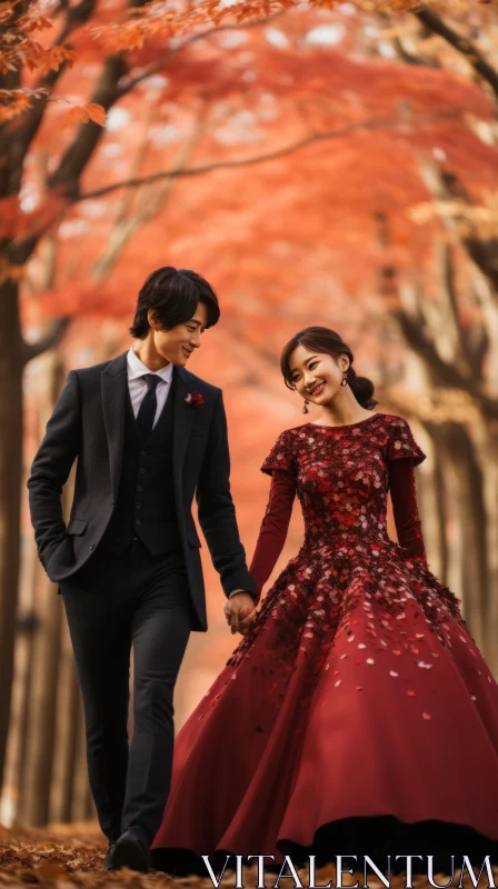 Elegantly Romantic Korean Wedding in Autumn Forest AI Image
