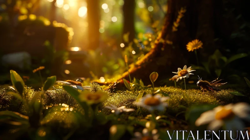 Enchanting Forest Floor: Close-up of Moss, Grass, and Flowers AI Image