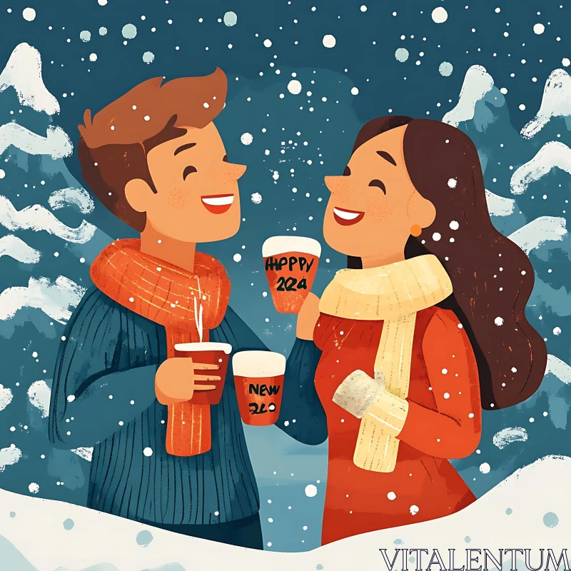 Festive Winter Scene with Smiling Couple AI Image