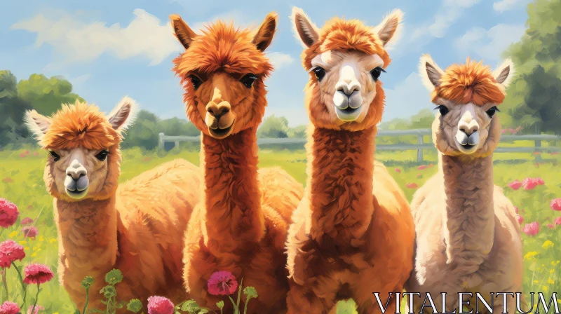 Four Alpacas in Vibrant Field: A Captivating Nature Scene AI Image