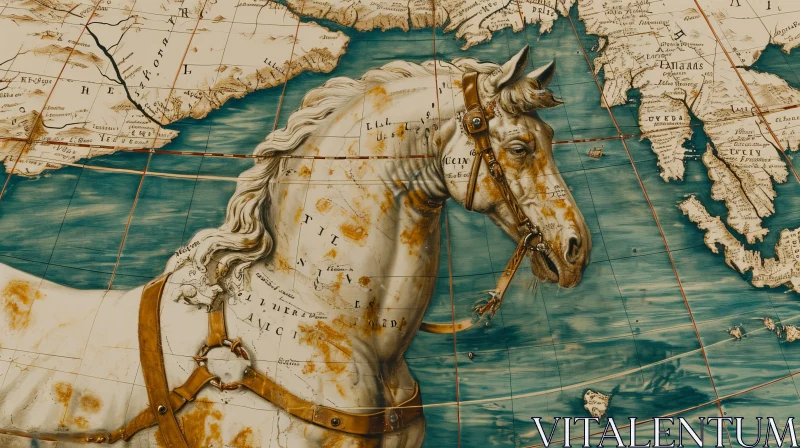 Fragment of an Ancient Map with a Majestic Sea Horse - A Captivating Journey Through Time AI Image