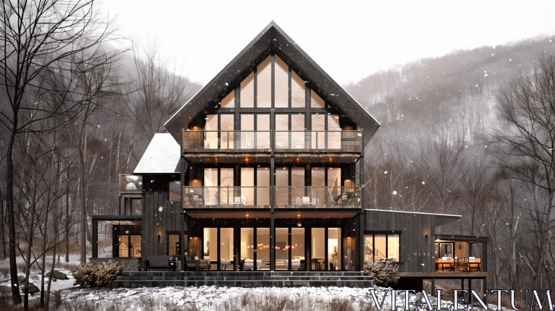 Modern House in Mountains with Snowy Landscape AI Image