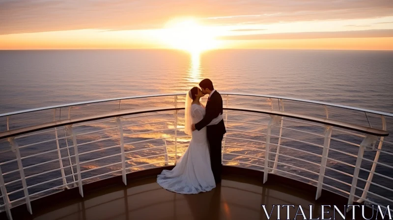 Romantic Wedding at Sea under the Amber Sky AI Image