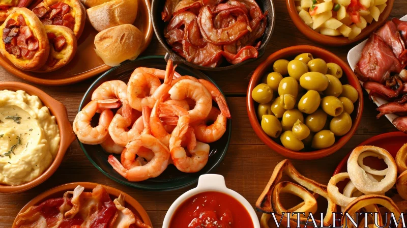 Savor the Flavors: Spanish Tapas Delight on a Wooden Table AI Image
