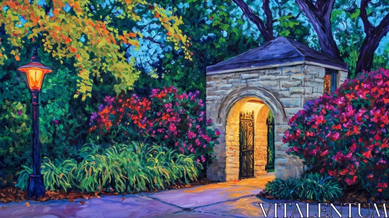 Serene Garden Gate Painting | Stone and Wrought Iron | Vibrant Colors AI Image