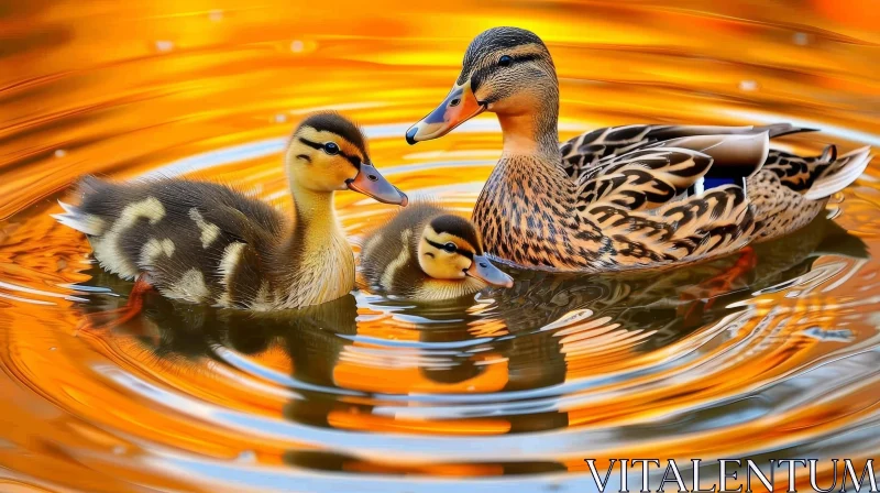 Tranquil Duck Family Swimming in a Calm Lake AI Image