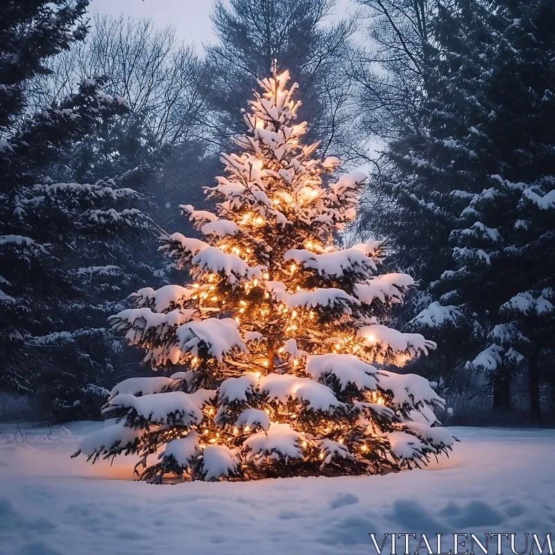 Enchanting Christmas Tree with Lights in Snowy Forest AI Image