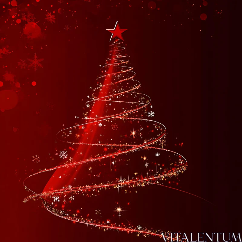 Festive Red Christmas Tree with Sparkling Snowflakes AI Image