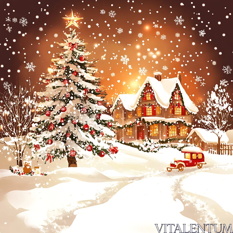 Winter Wonderland with Christmas Tree and Glowing Cottage AI Image