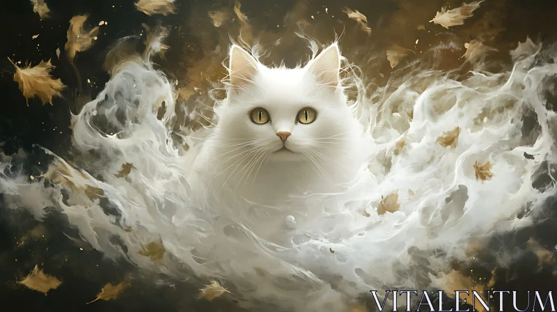 AI ART Fantasy Scene of White Cat Enveloped in Mystical Swirls