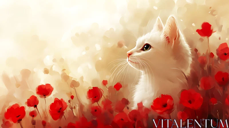 AI ART White Cat Surrounded by Red Flowers